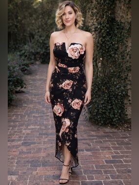 SCOBE Strapless Black Floral Hi-Low Midi Dress with Rose Print 💕 Romantic